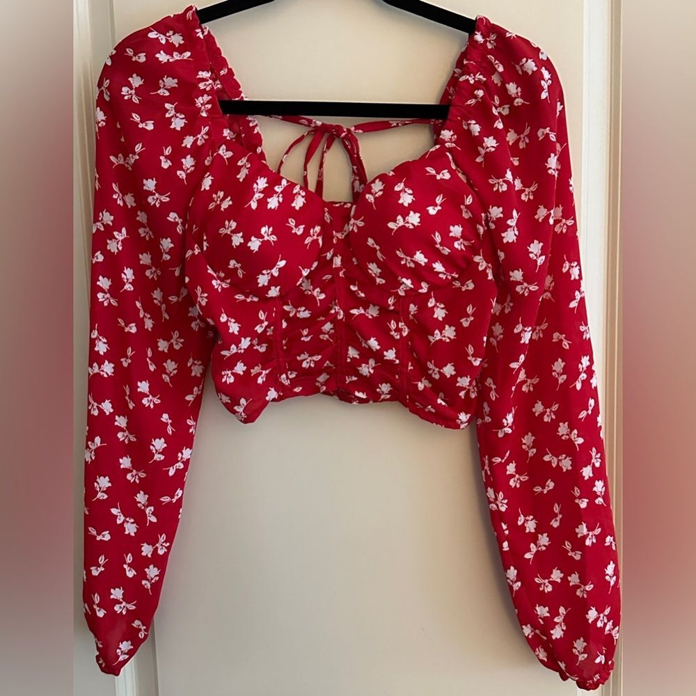 Madden NYC Red Padded Cropped Tie Back Cinched Blouse Women's Size XS